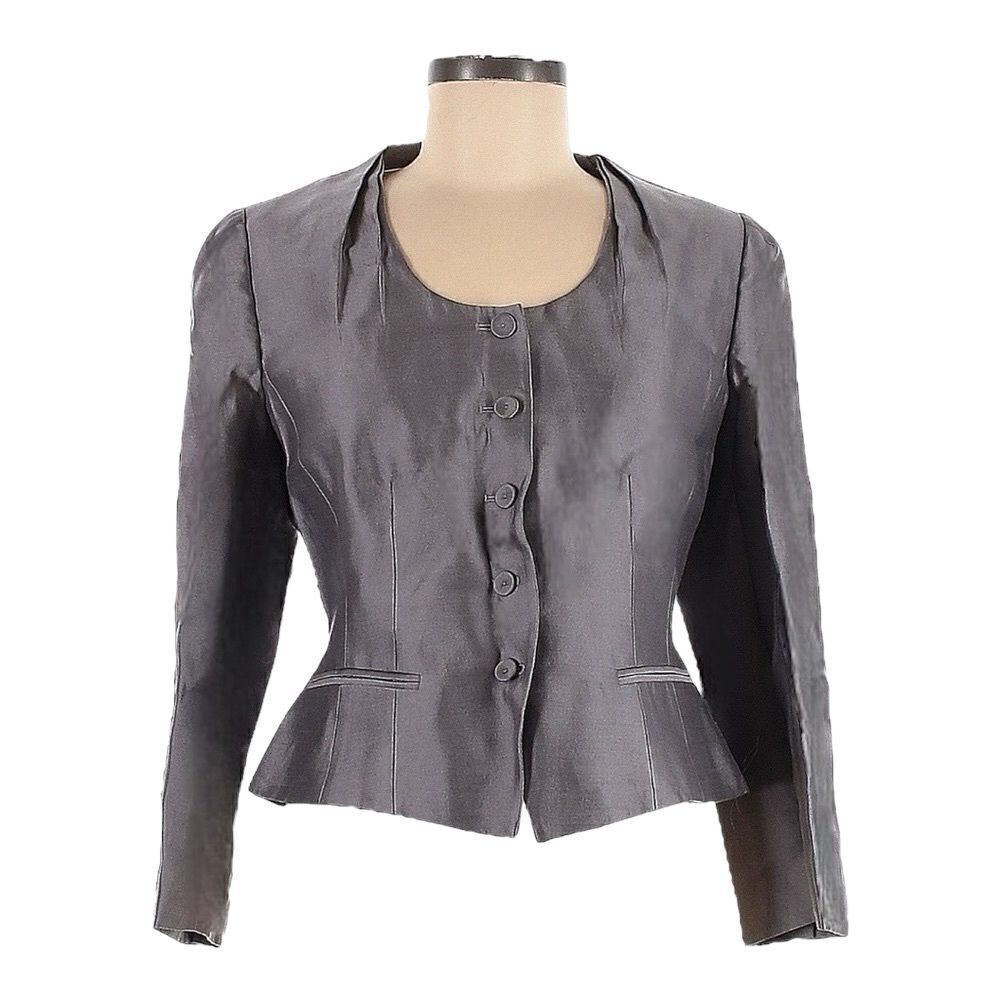 LK Bennett Satin Gray Silk Wool Fitted Blazer Jacket 8 NWT Collaredless Evening